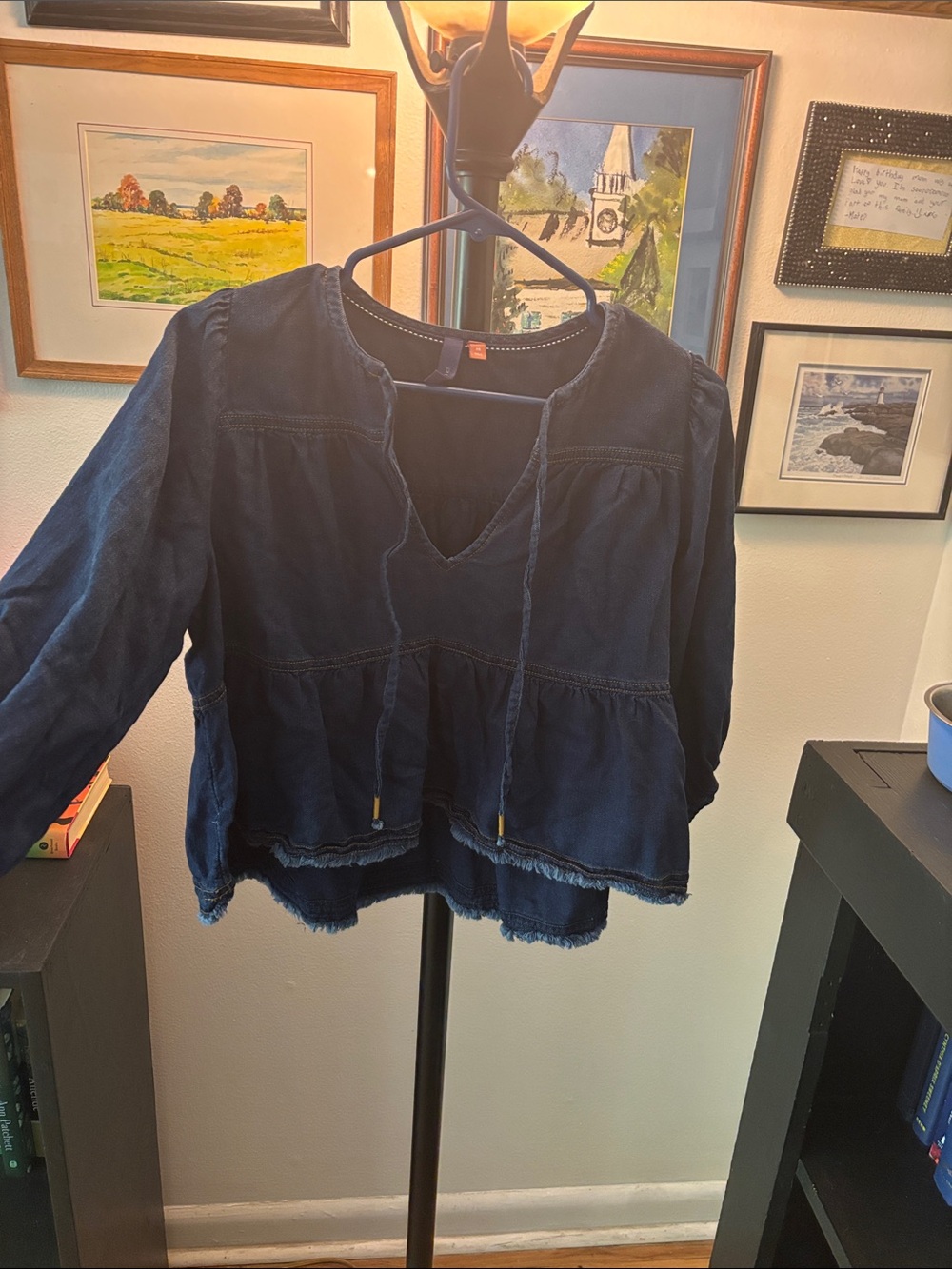 Pilcro Indigo Tie-Neck Peasant Blouse